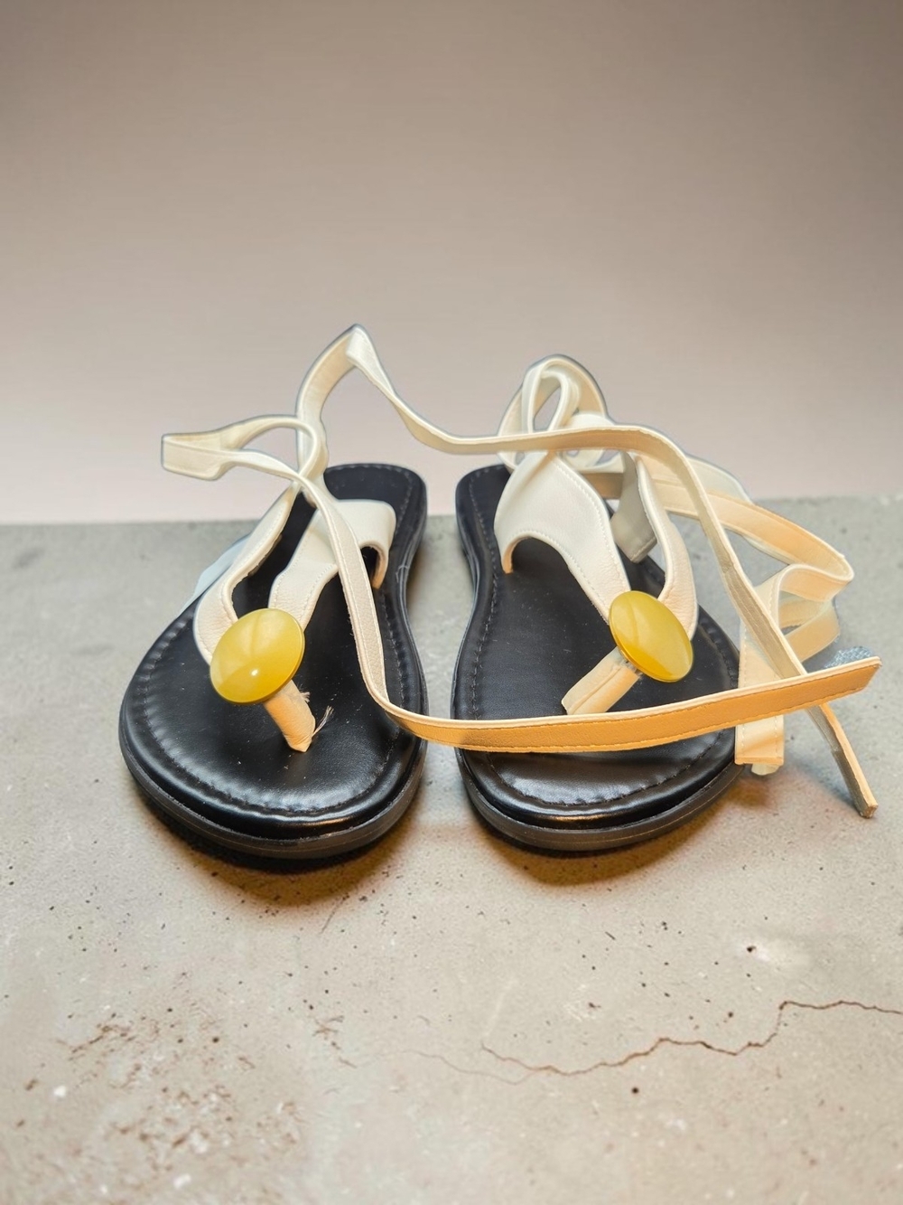 Women’s Cream Lace-Up Toe-Post Sandals with Yellow Accent♡*